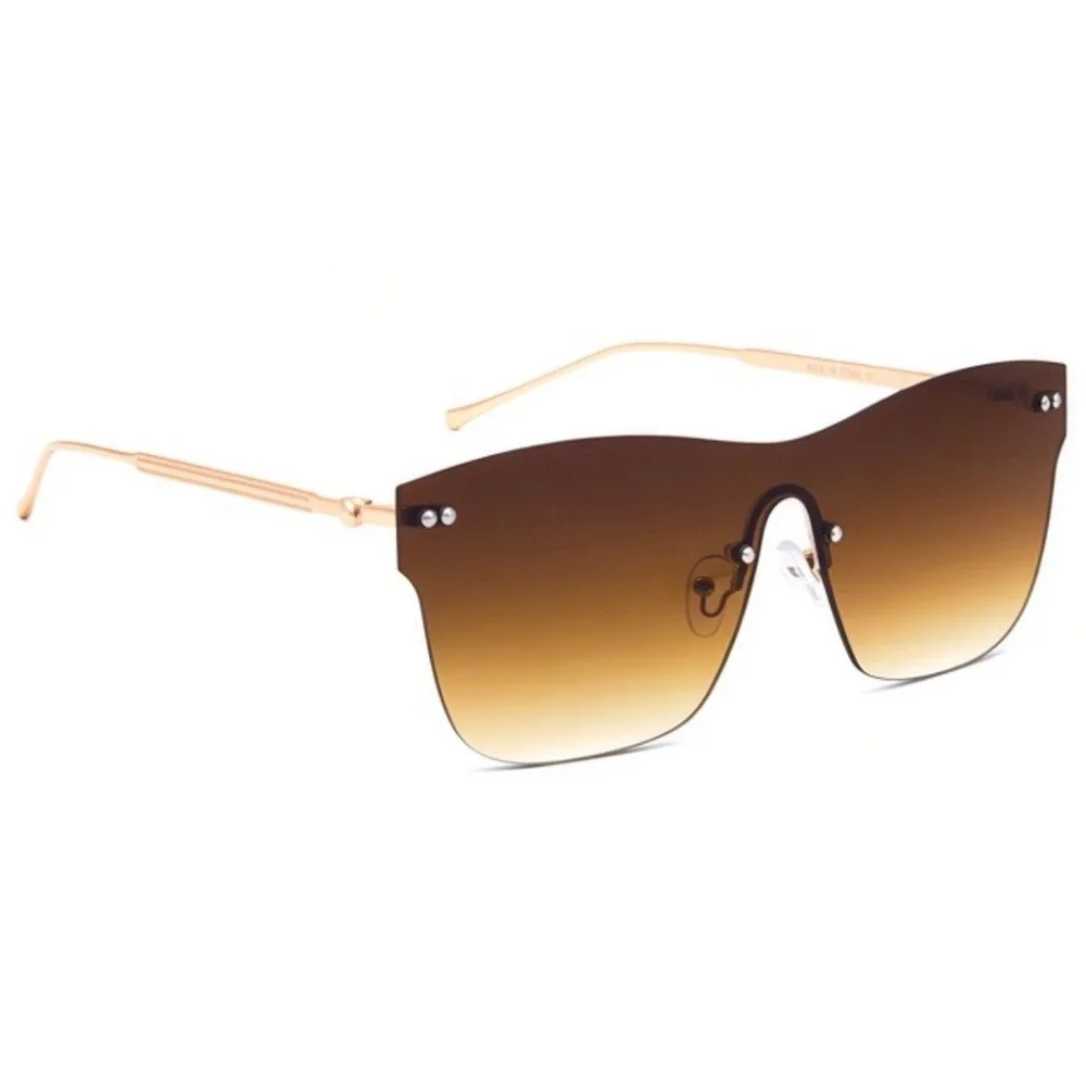Mens Rimless Shield Sunglasses Brown Gradient Lens Gold Metal Frame Modern UV400